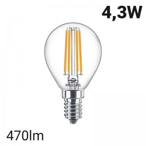 Bombilla LED de filamento esférica E14 P45/G45 4.3W | Philips Classic LEDLuster