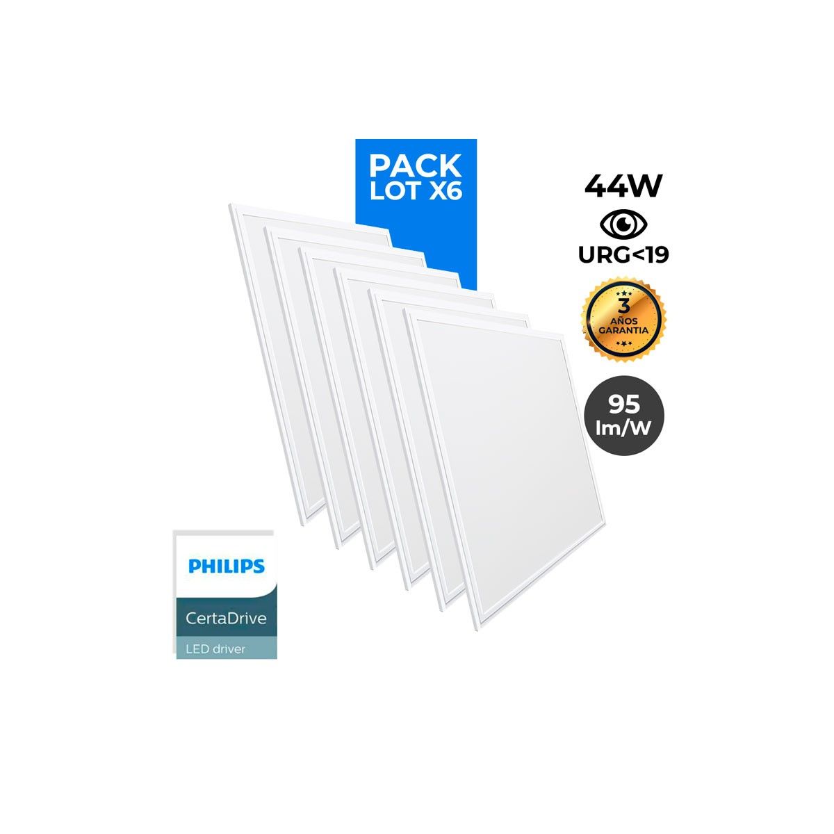 Pack de 6 Paneles LED slim 600x600mm 44W UGR19 Philips Driver