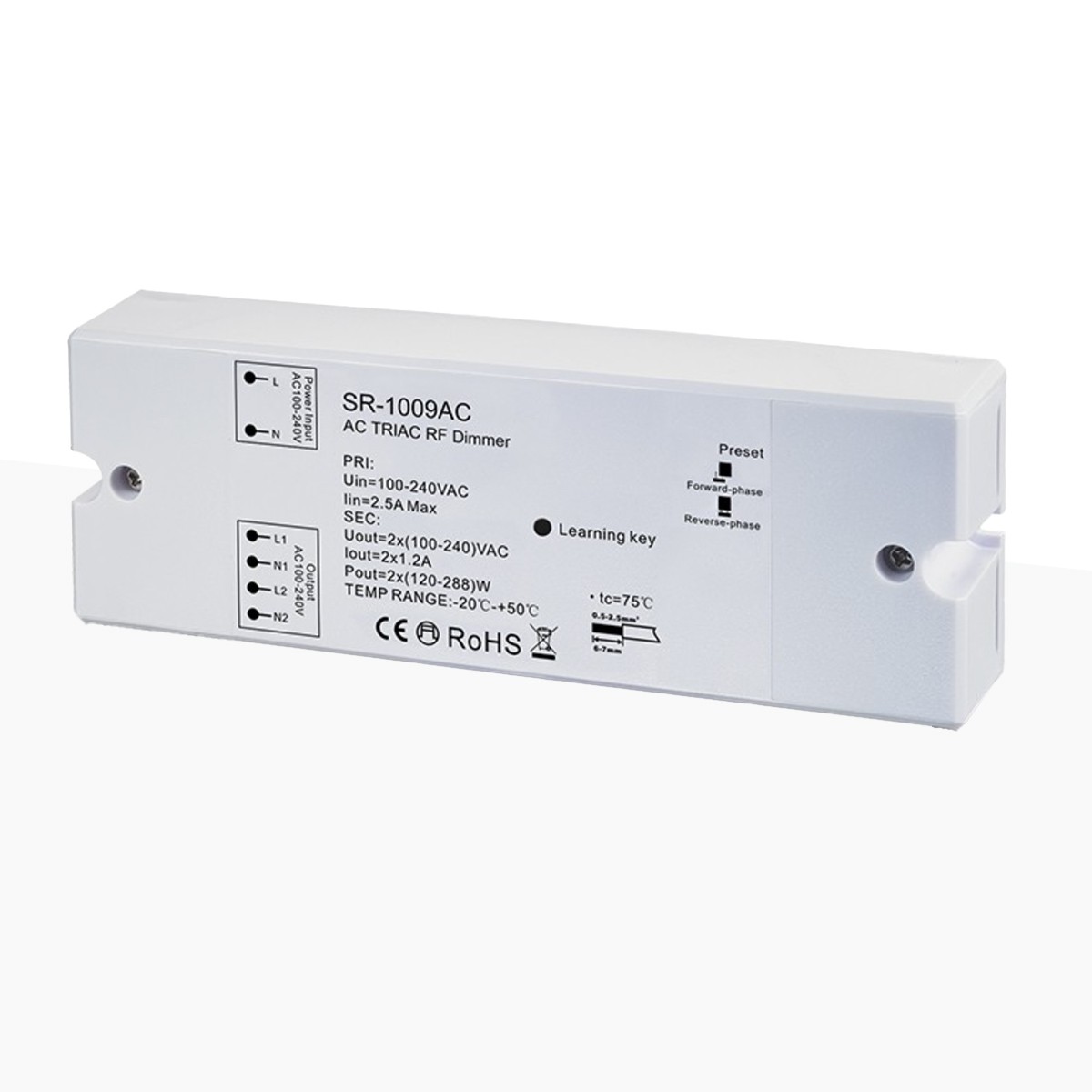 Controlador monocolor dimable - AC TRIAC RF Dimmer - 2 canales 1,2A/ch - 100-240VAC Sunricher - Perfect RF