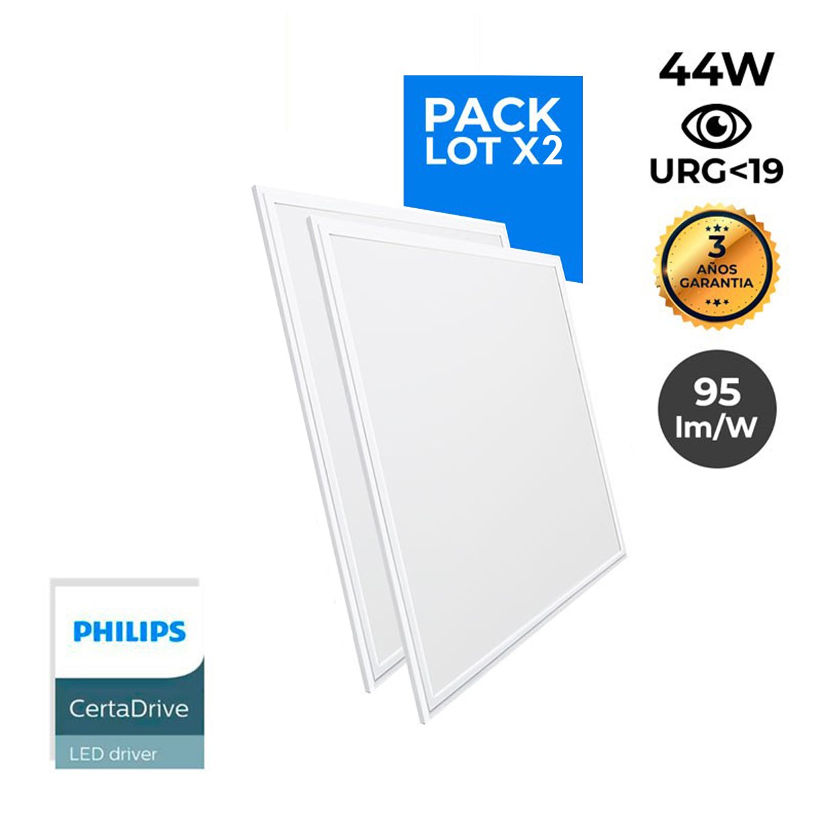 Pack de 2 Paneles LED slim 600x600x15mm 44W UGR19 Philips Driver