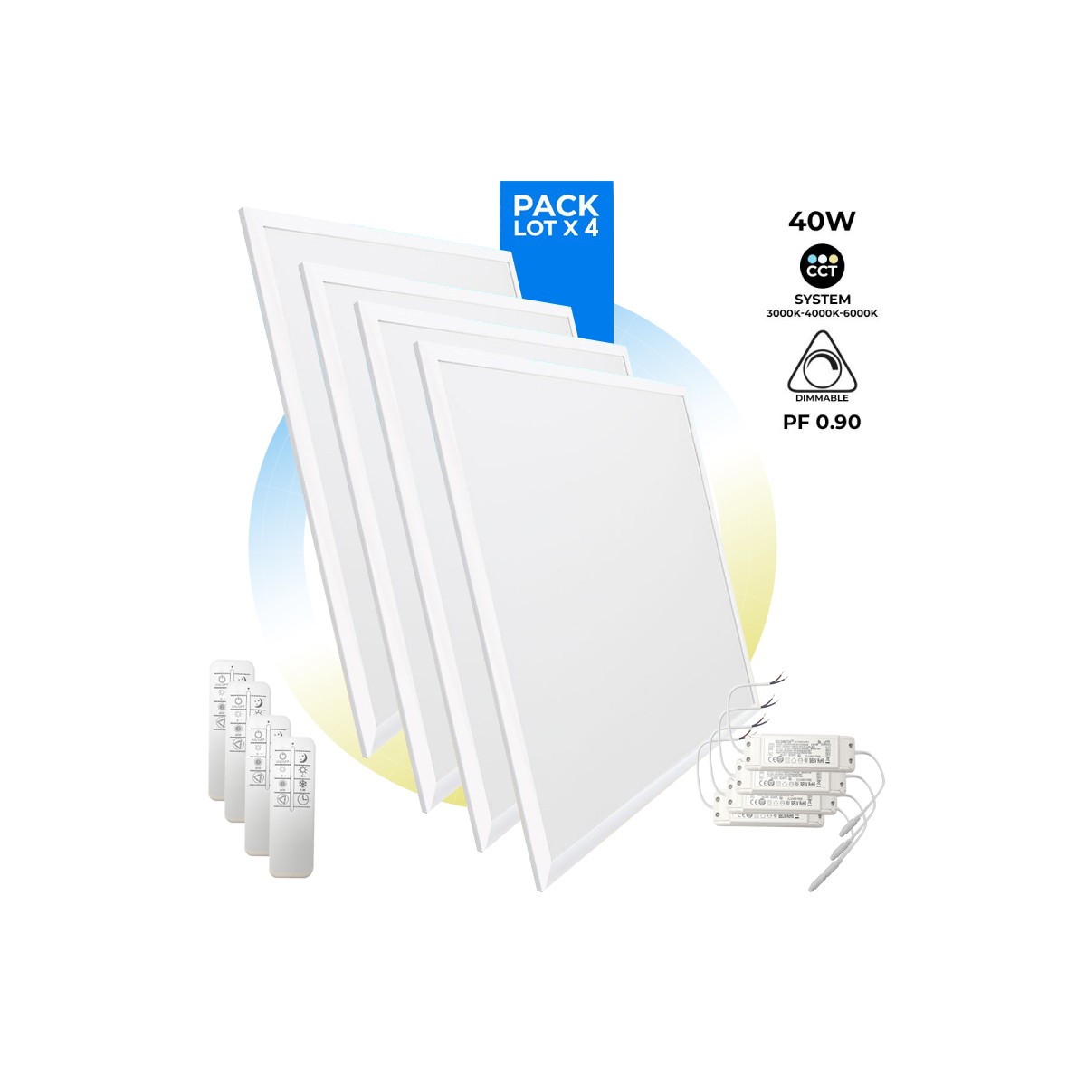 Pack de 4 Panel LED slim CCT regulable con mando - 60x60cm - 40W