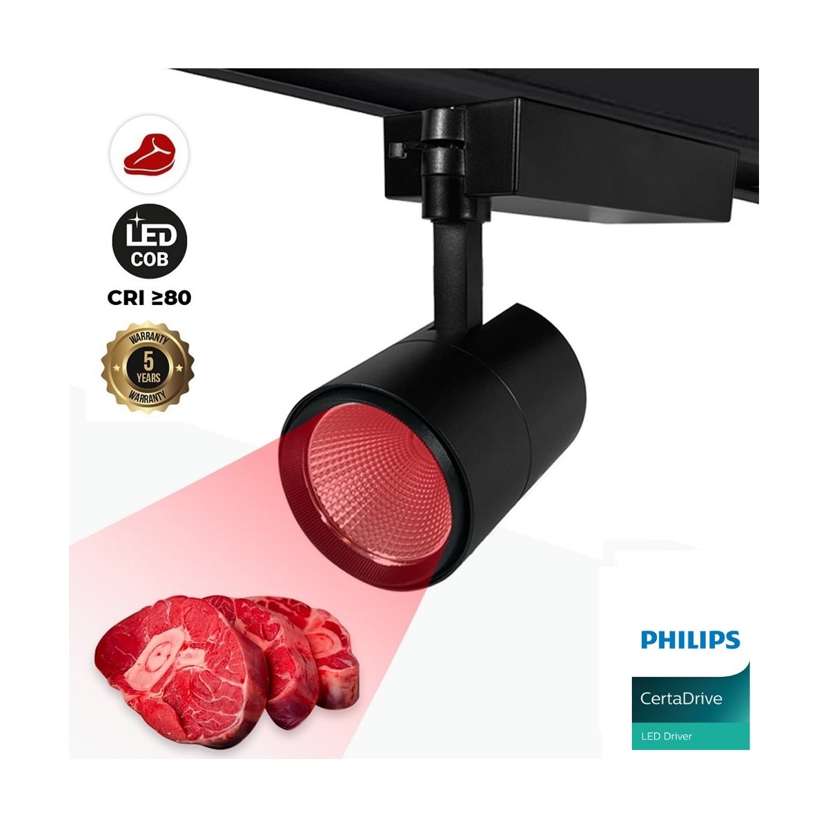 Foco LED para carril monofásico especial para carnicerías - Driver integrado Philips Certa drive - LED COB - 40W -