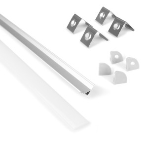 Perfil de aluminio para esquinas con difusor, 4 tapas y 4 grapas - Tira LED hasta 12 mm - 2 metros