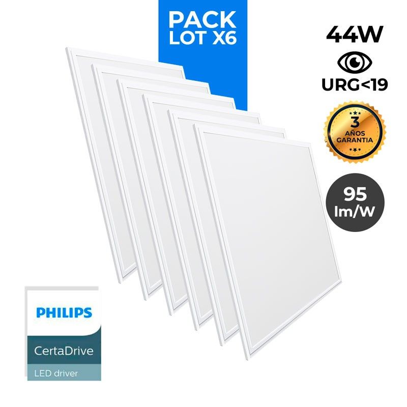 Packung mit 6 schlanken LED-Panels 600x600mm 44W UGR19 Philips Treiber