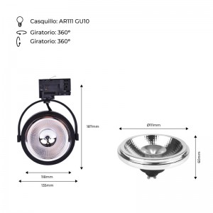 Pack LED-Schienenstrahler 3 Phasen + LED-Glühbirne AR111 GU10