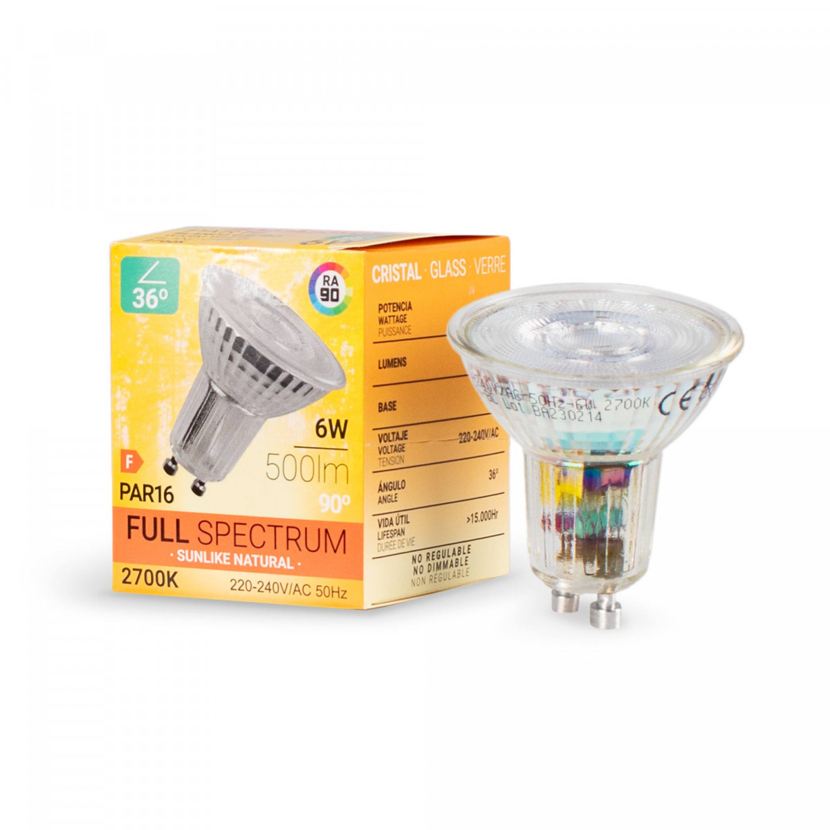 LED-Lampe GU10 6W Full Spectrum „Sunlike“ - 500 lm - CRI90 - PAR16 - 36°