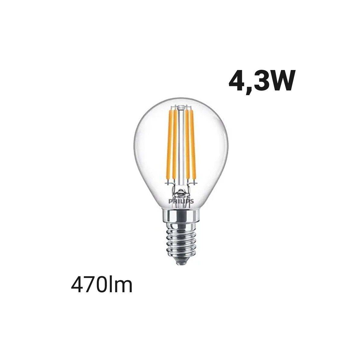 Lampadina LED a filamento sferico E14 P45/G45 4,3W : Philips Classic LEDLuster