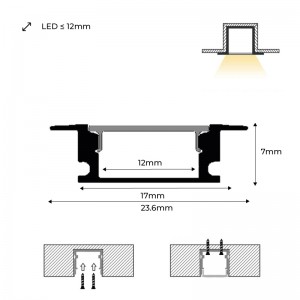 Profilo da incasso in alluminio con diffusore e 4 tappi- Striscia LED fino a 12 mm - 2 metri