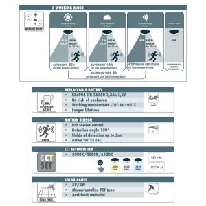 Lanterna solare "MINILOT/ROSETTA" con sensore PIR - 3 modalità di funzionamento - CCT