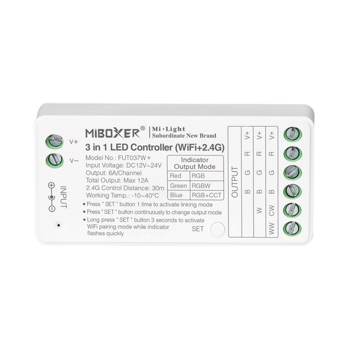 Controller per strisce LED 3 in 1- RGB- RGBW - RGB+CCT - 12/24V DC - 2.4G - WiFi - MiBoxer - FUT037W+