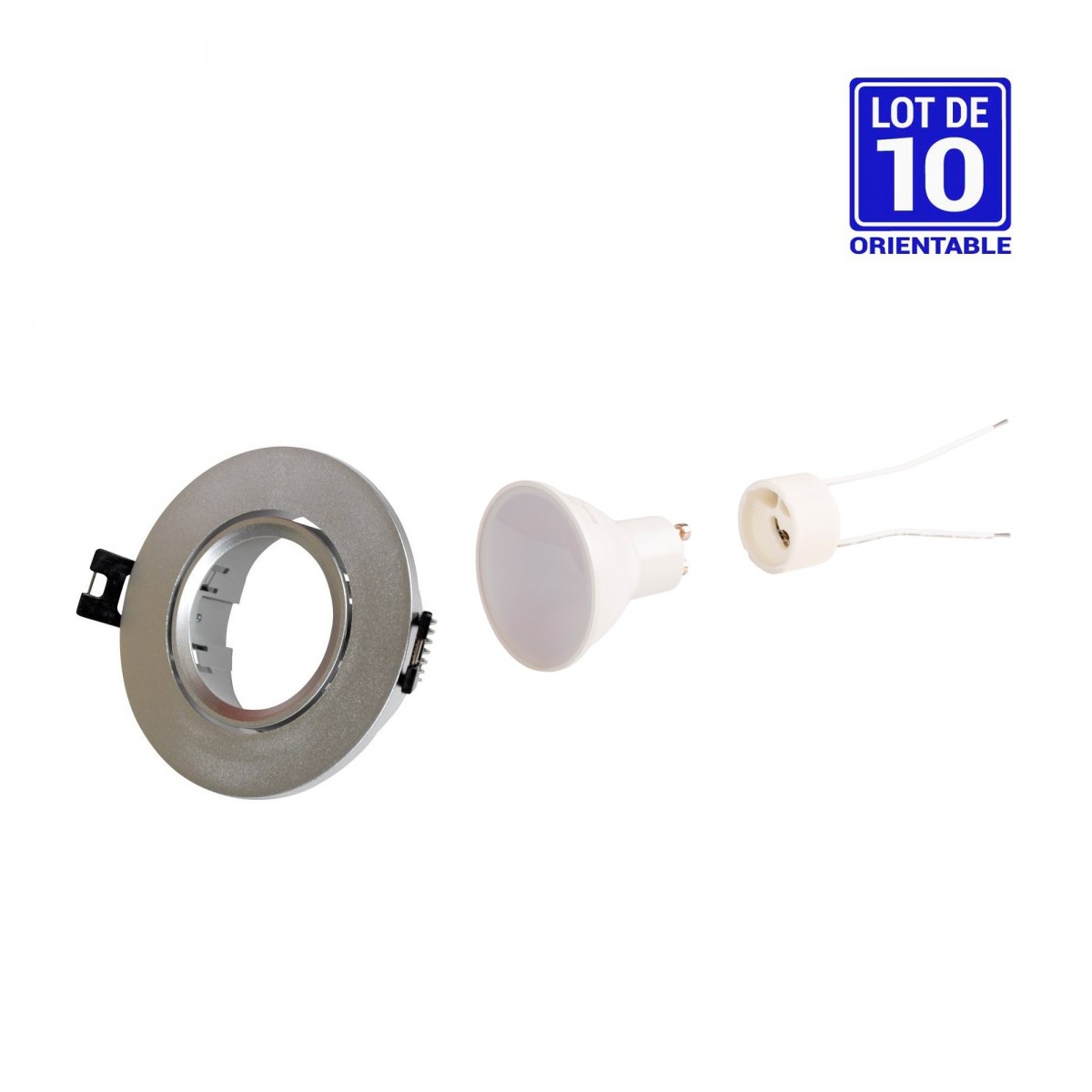 10 KIT - Anello per downlight basculante argentato Ø90mm + lampadina GU10 5W + portalampada GU10