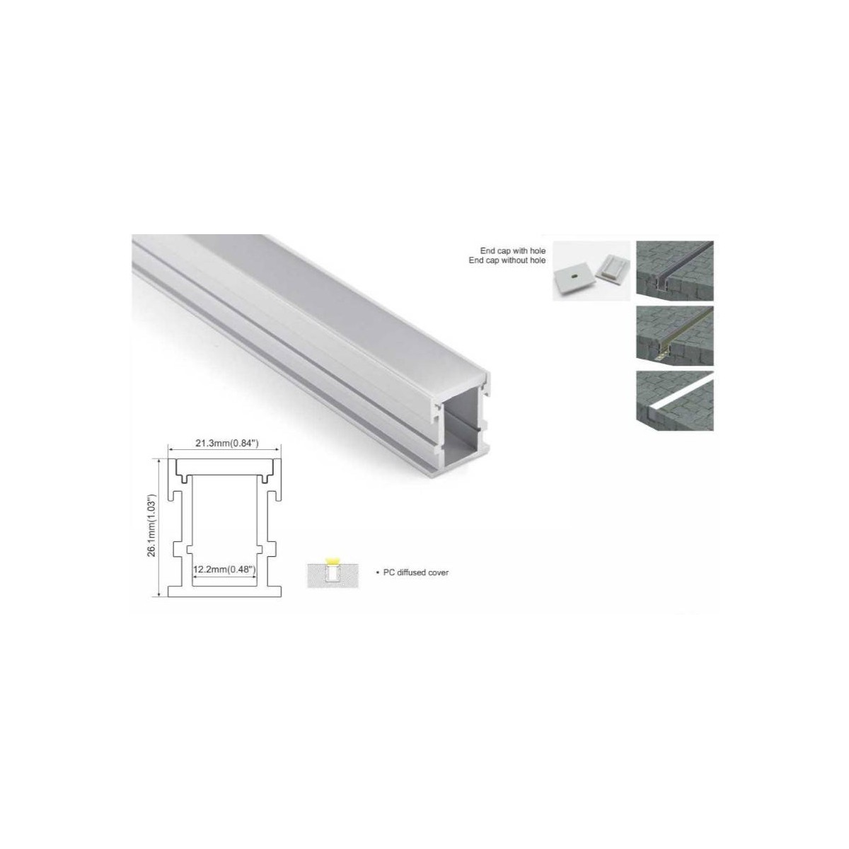 Perfil encastrável em pisos 21x26mm, IP44, resistente ao pisar