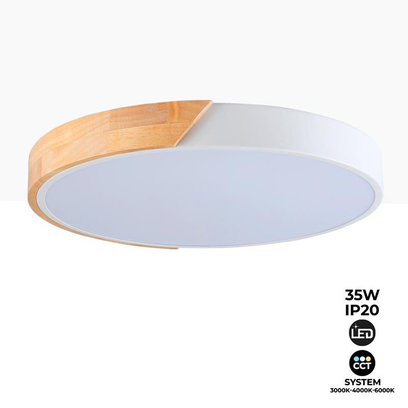 Candeeiro de teto LED CCT circular de madeira 35W ø408x50mm