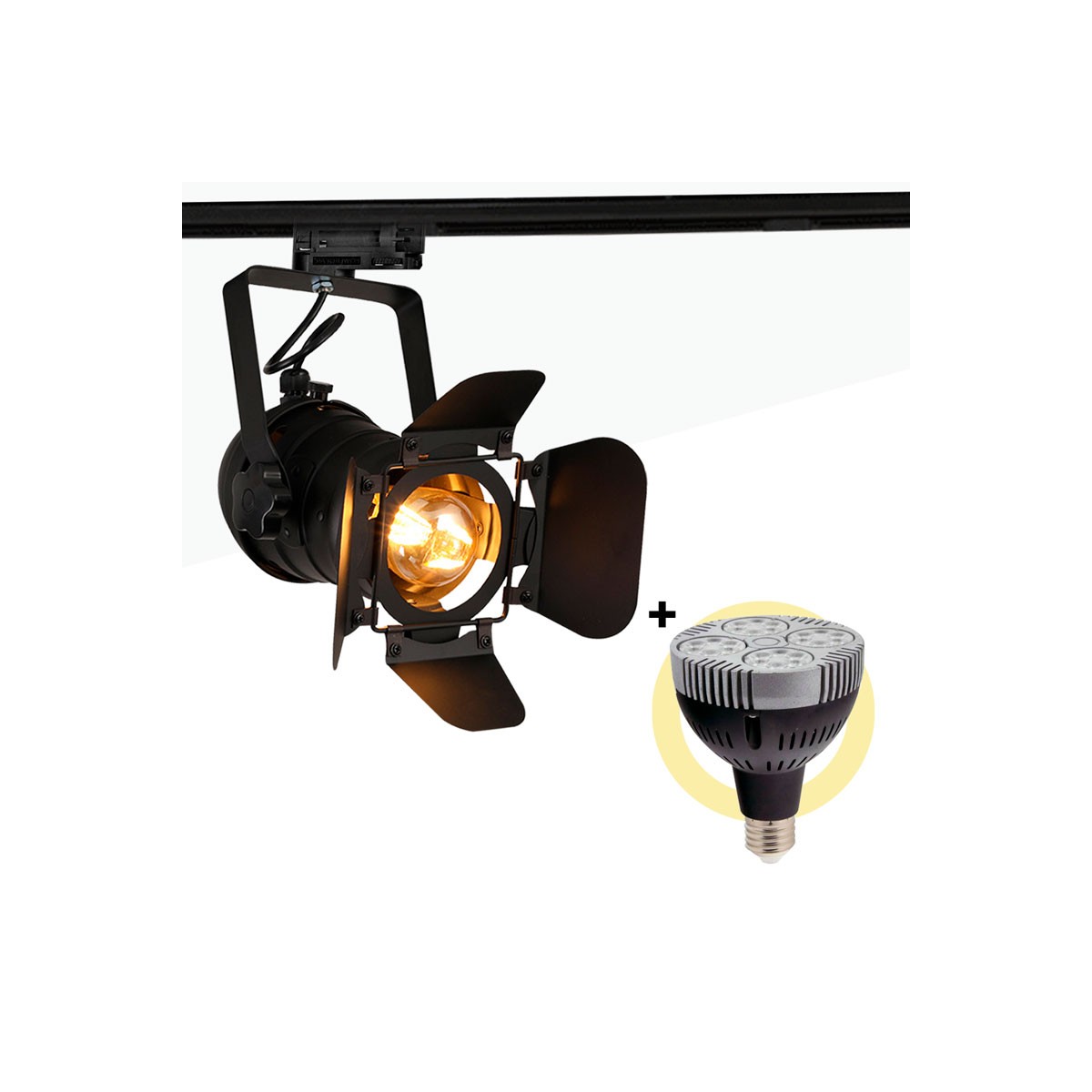 KIT Foco LED de carril trifásico ajustável "CINEMA" + Lâmpada LED PAR30 E27