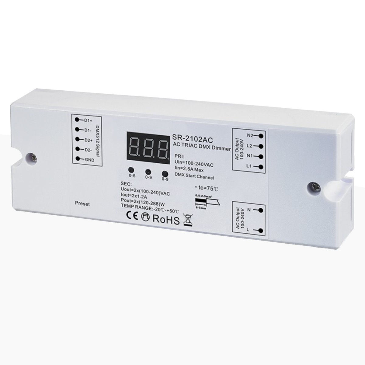 Controlador  monocromático AC TRIAC - DMX Dimmer - 2 canais 1,2A/CH 100-240V