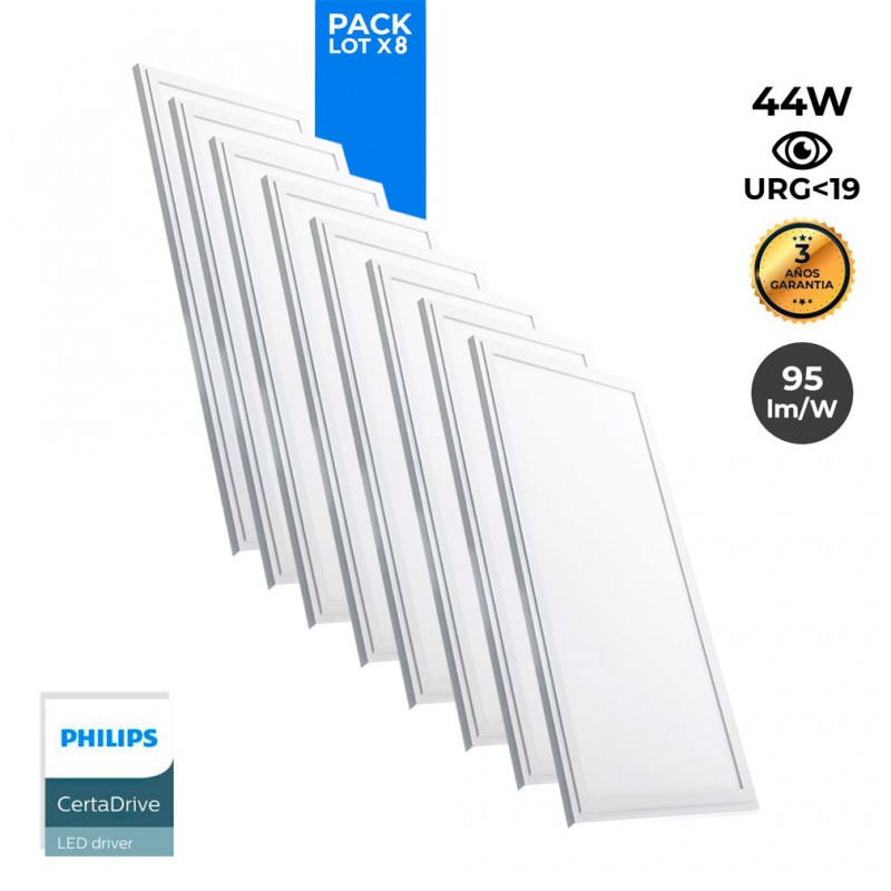 Pacote de 8 painéis LED finos 120X30 cm - Driver Philips - 44W - UGR19