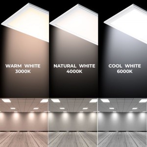 Painel led com opções de tonalidade da luz: branco quente, branco frio e branco neutro.