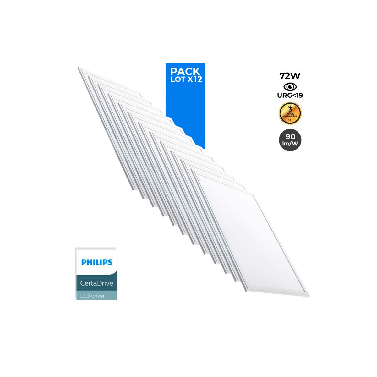 Pacote de 12 painéis LED slim 120X60cm - Driver PHILIPS - 72W - UGR19