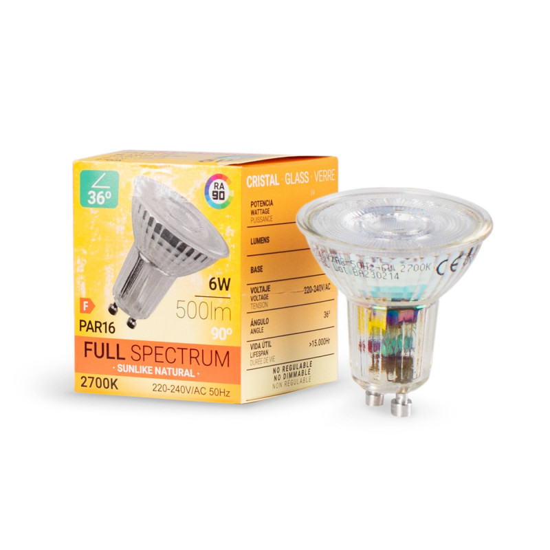 Lâmpada LED GU10 6W Full Spectrum "SUNLIKE" - Cristal - 500lm - CRI90 - PAR16 - 36°